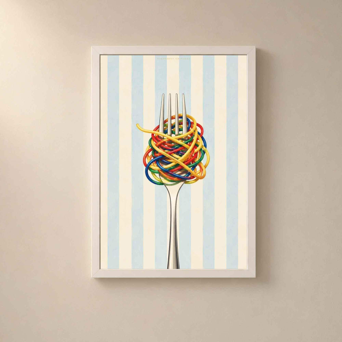 Affiche spaghetti colorés, art mural cuisine, illustration culinaire contemporaine