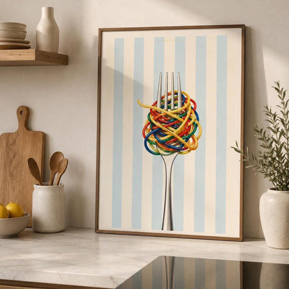 Affiche spaghetti colorés, art mural cuisine, illustration culinaire contemporaine