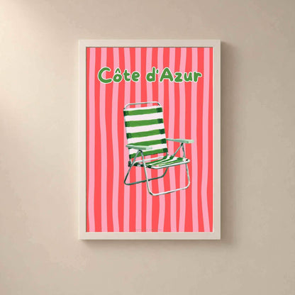 Affiche Côte d’Azur, chaise de plage rétro, décoration murale Riviera française