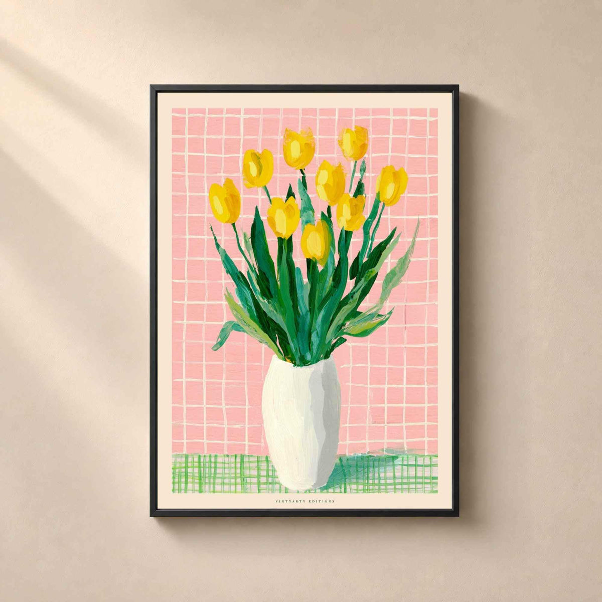 Affiche tulipes jaunes, bouquet floral coloré, décoration murale rose et verte