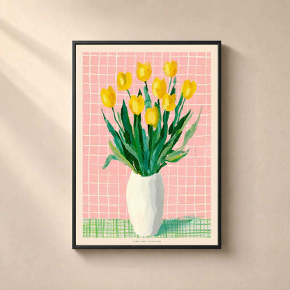 Affiche tulipes jaunes, bouquet floral coloré, décoration murale rose et verte