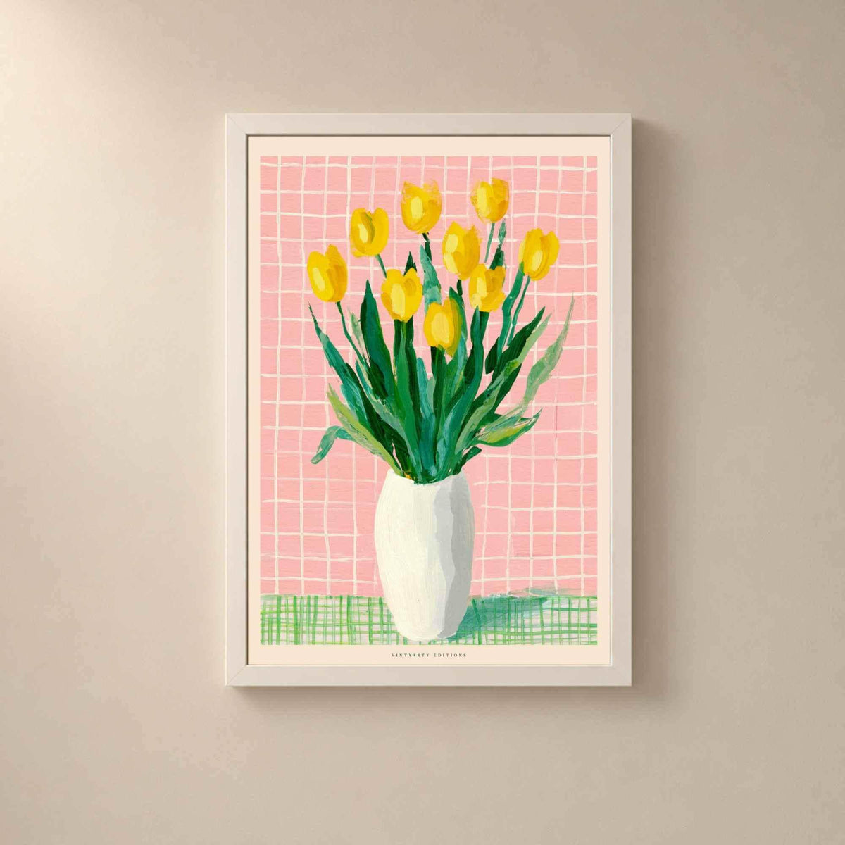 Affiche tulipes jaunes, bouquet floral coloré, décoration murale rose et verte
