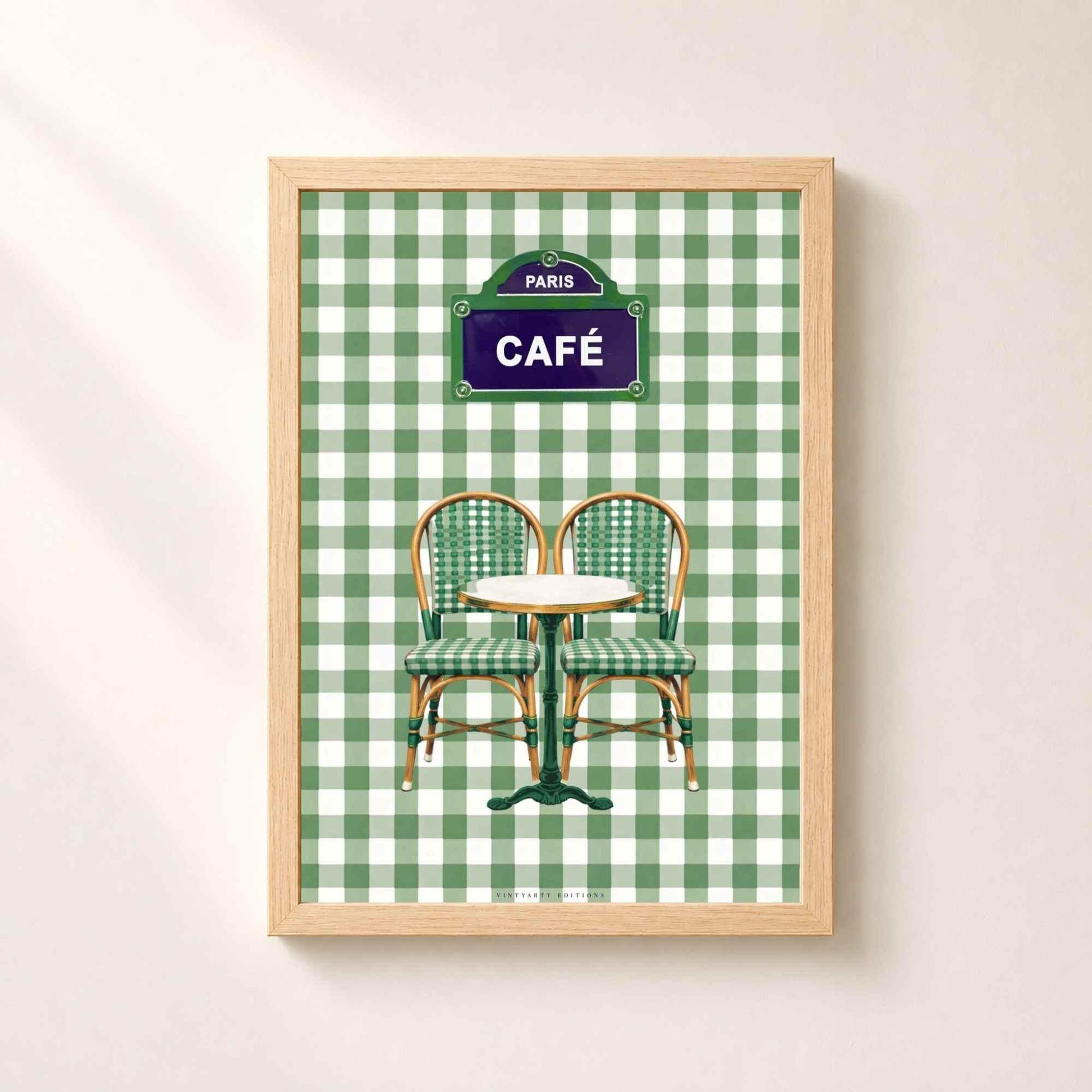 Affiche café Paris, terrasse bistrot française, décoration murale verte rétro d'un café parisien