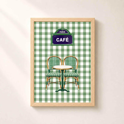Affiche café Paris, terrasse bistrot française, décoration murale verte rétro d'un café parisien