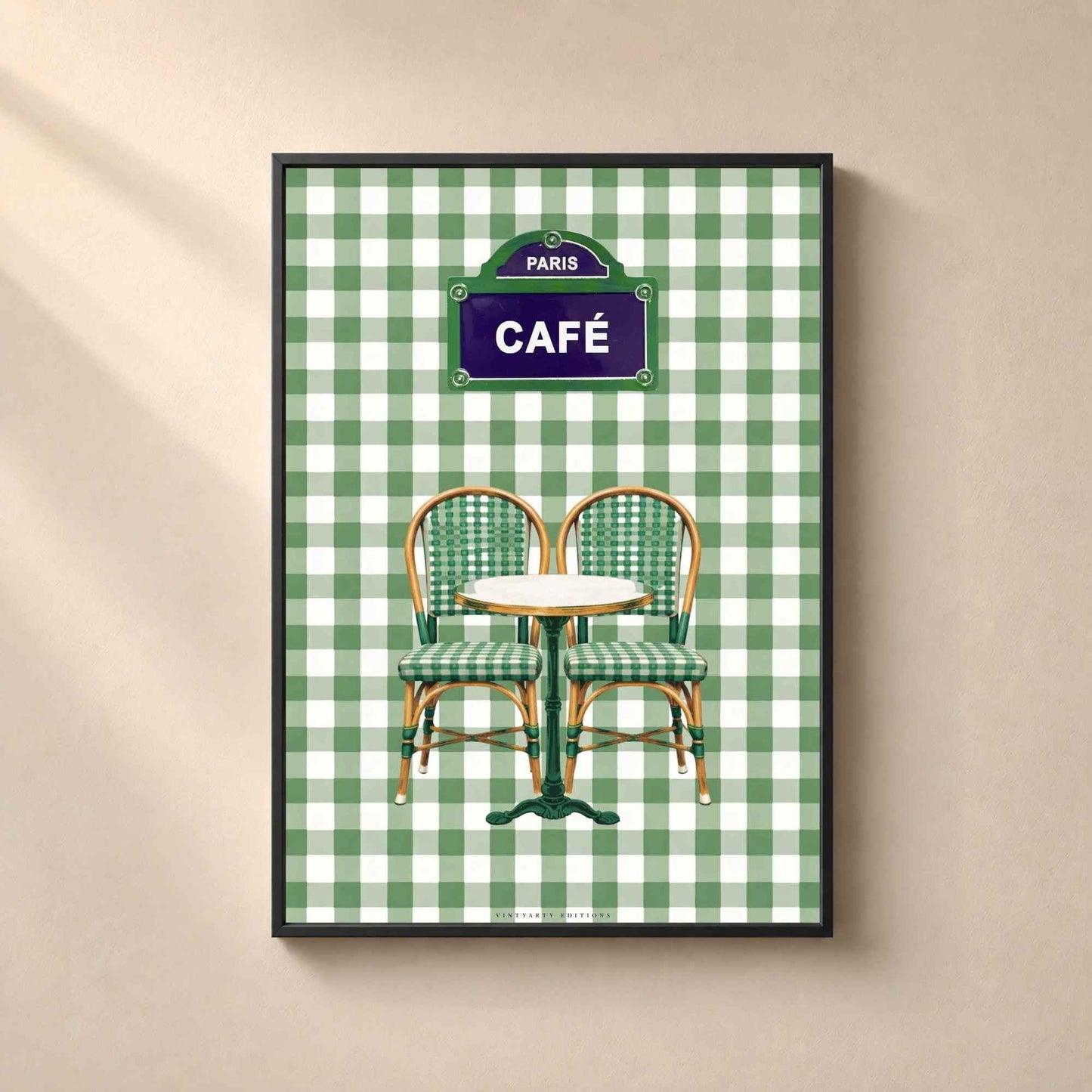 Affiche café Paris, terrasse bistrot française, décoration murale verte rétro d'un café parisien