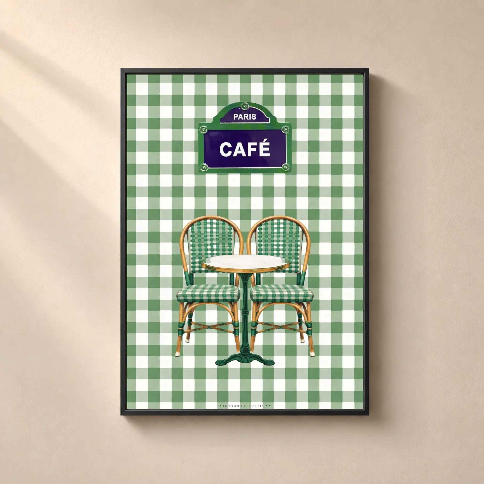 Affiche café Paris, terrasse bistrot française, décoration murale verte rétro d'un café parisien