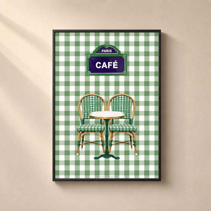 Affiche café Paris, terrasse bistrot française, décoration murale verte rétro d'un café parisien