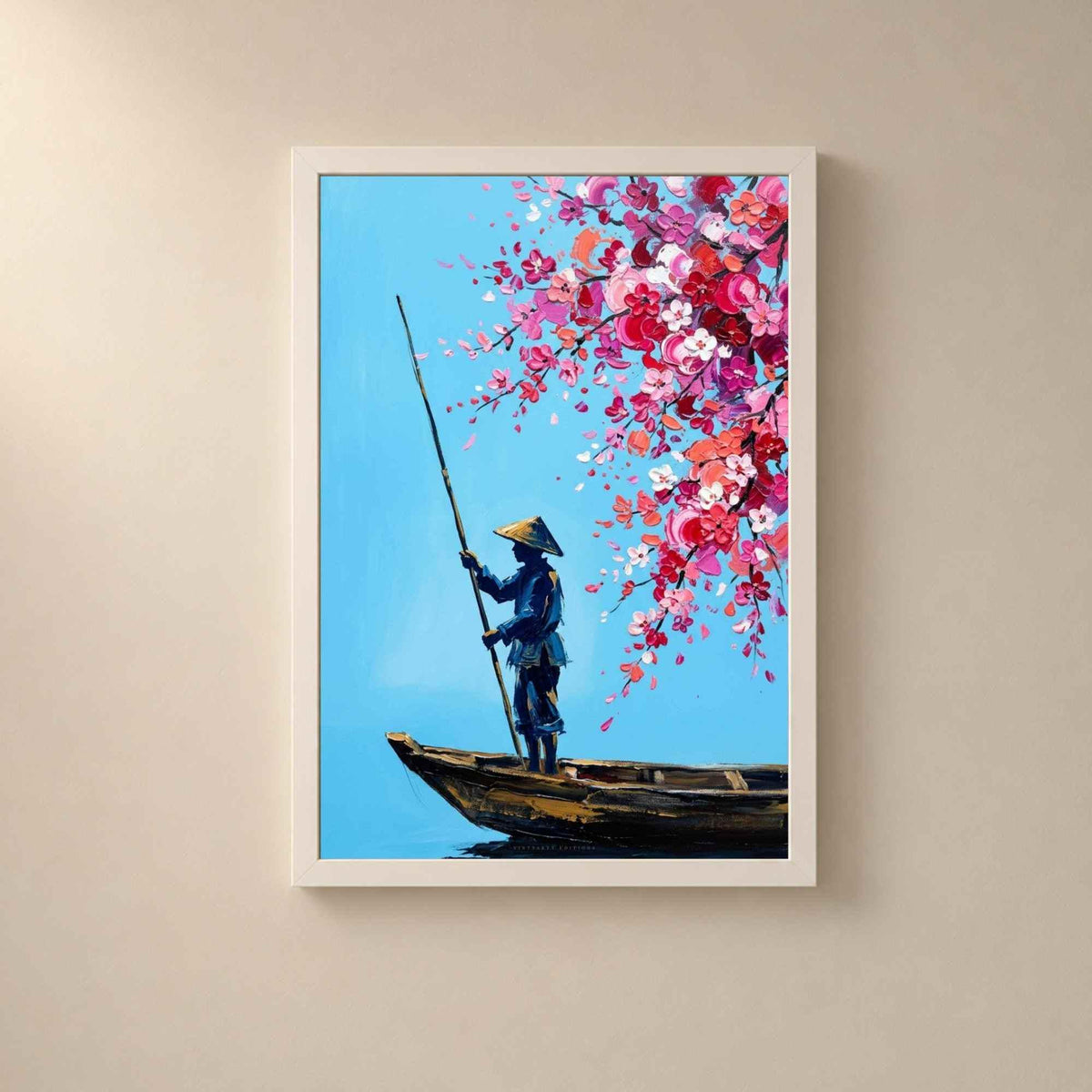 Affiche batelier fleurs de cerisier, art mural Asie peinture couteau, scène bleu et rose Vietnam