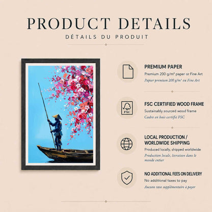 Affiche batelier fleurs de cerisier, art mural Asie peinture couteau, scène bleu et rose Vietnam