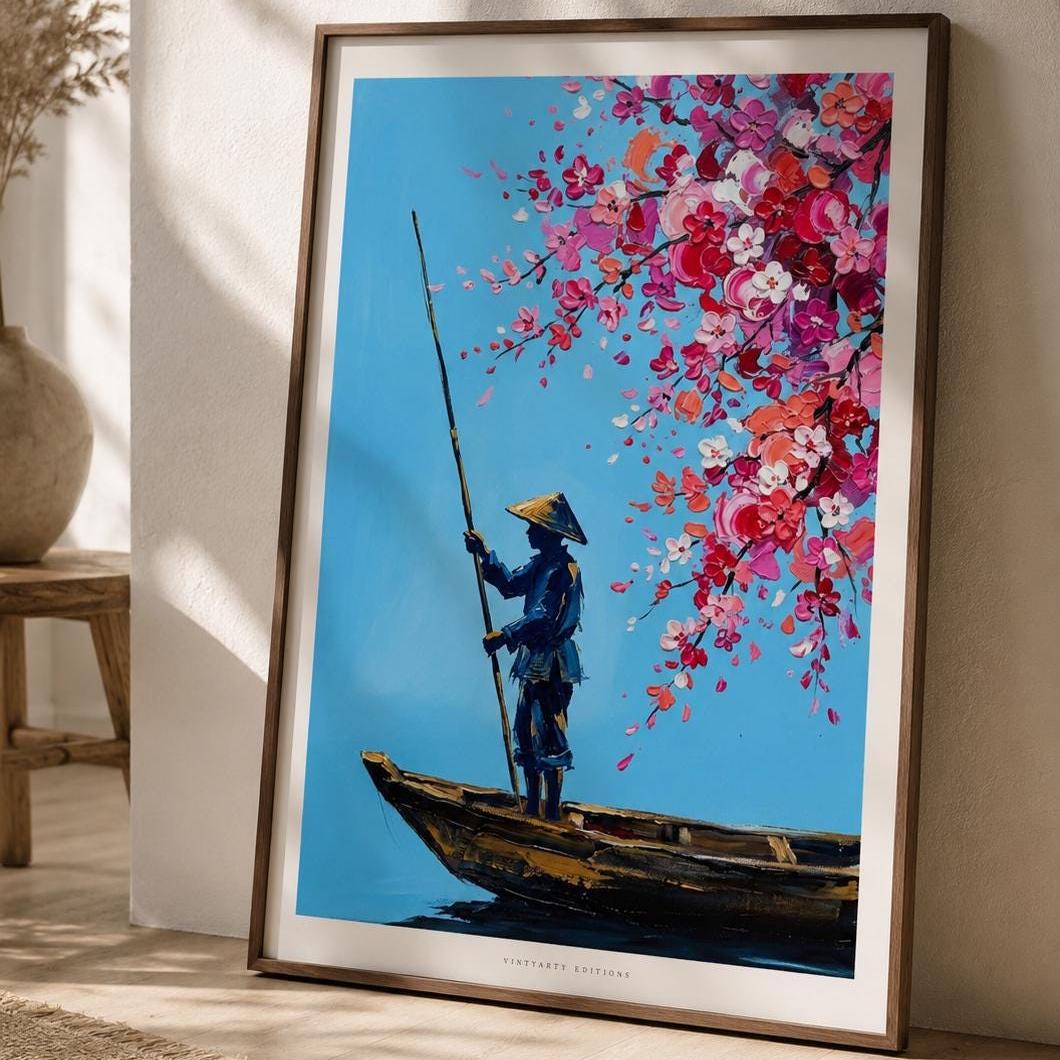 Affiche batelier fleurs de cerisier, art mural Asie peinture couteau, scène bleu et rose Vietnam