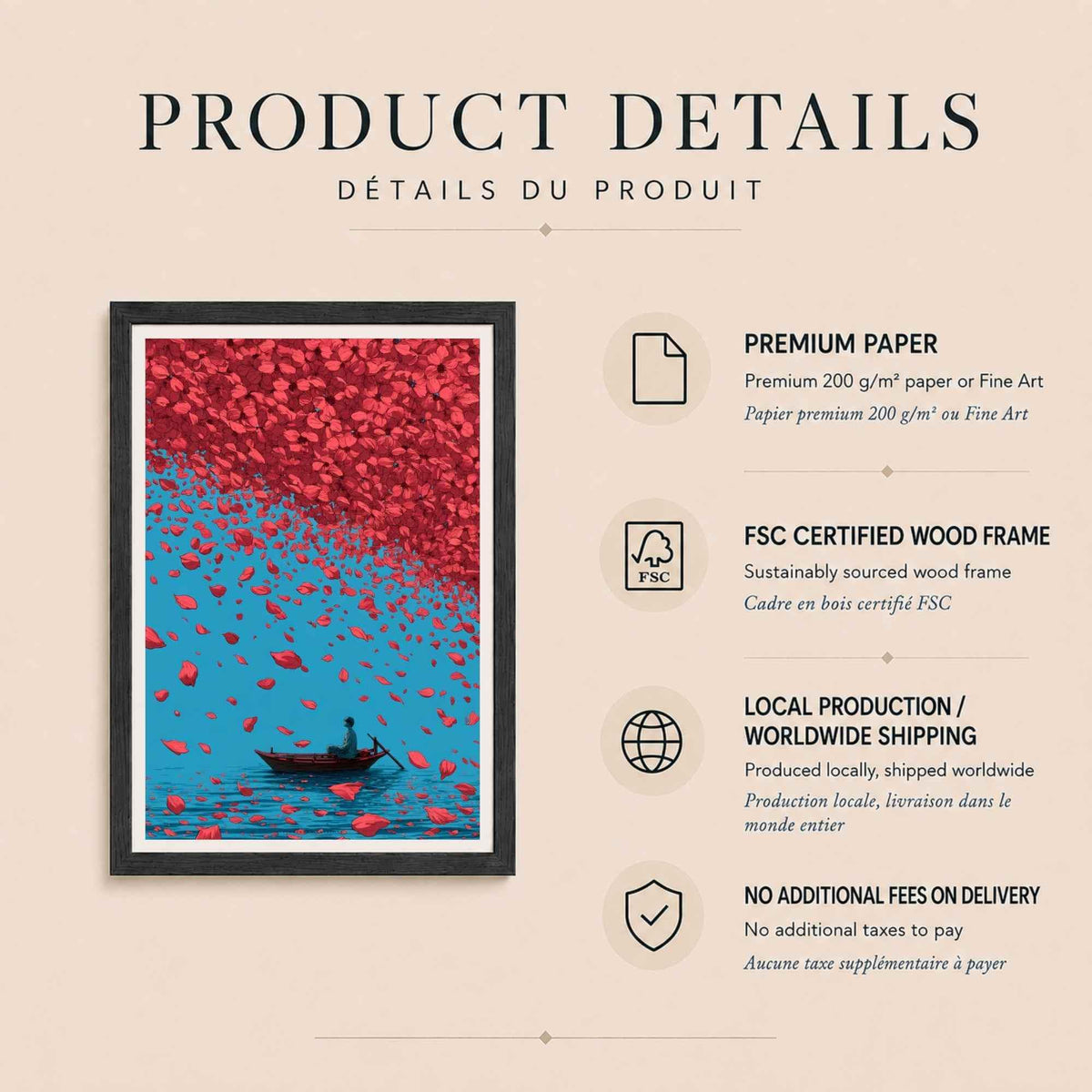 Affiche pluie de pétales rouges, art mural minimaliste asiatique, homme en barque bleu et rouge