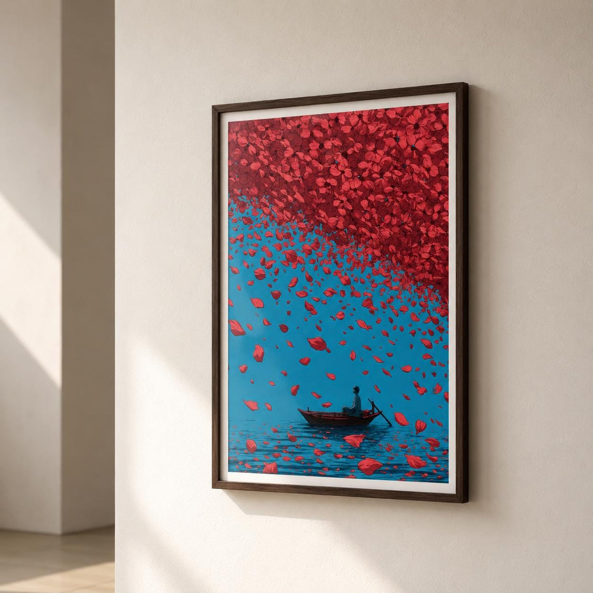 Affiche pluie de pétales rouges, art mural minimaliste asiatique, homme en barque bleu et rouge