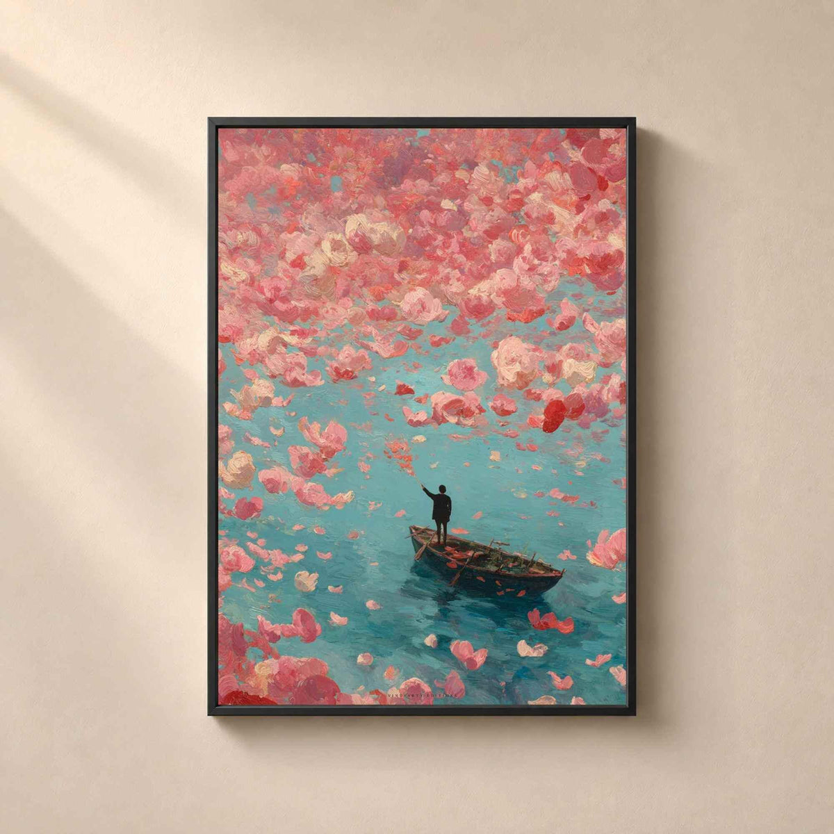 Affiche homme et pluie de fleurs roses, art mural peinture onirique, barque mer turquoise romantique