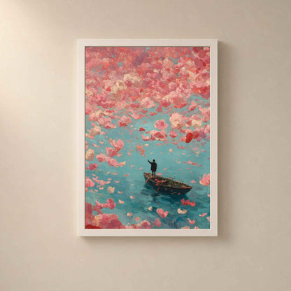 Affiche homme et pluie de fleurs roses, art mural peinture onirique, barque mer turquoise romantique
