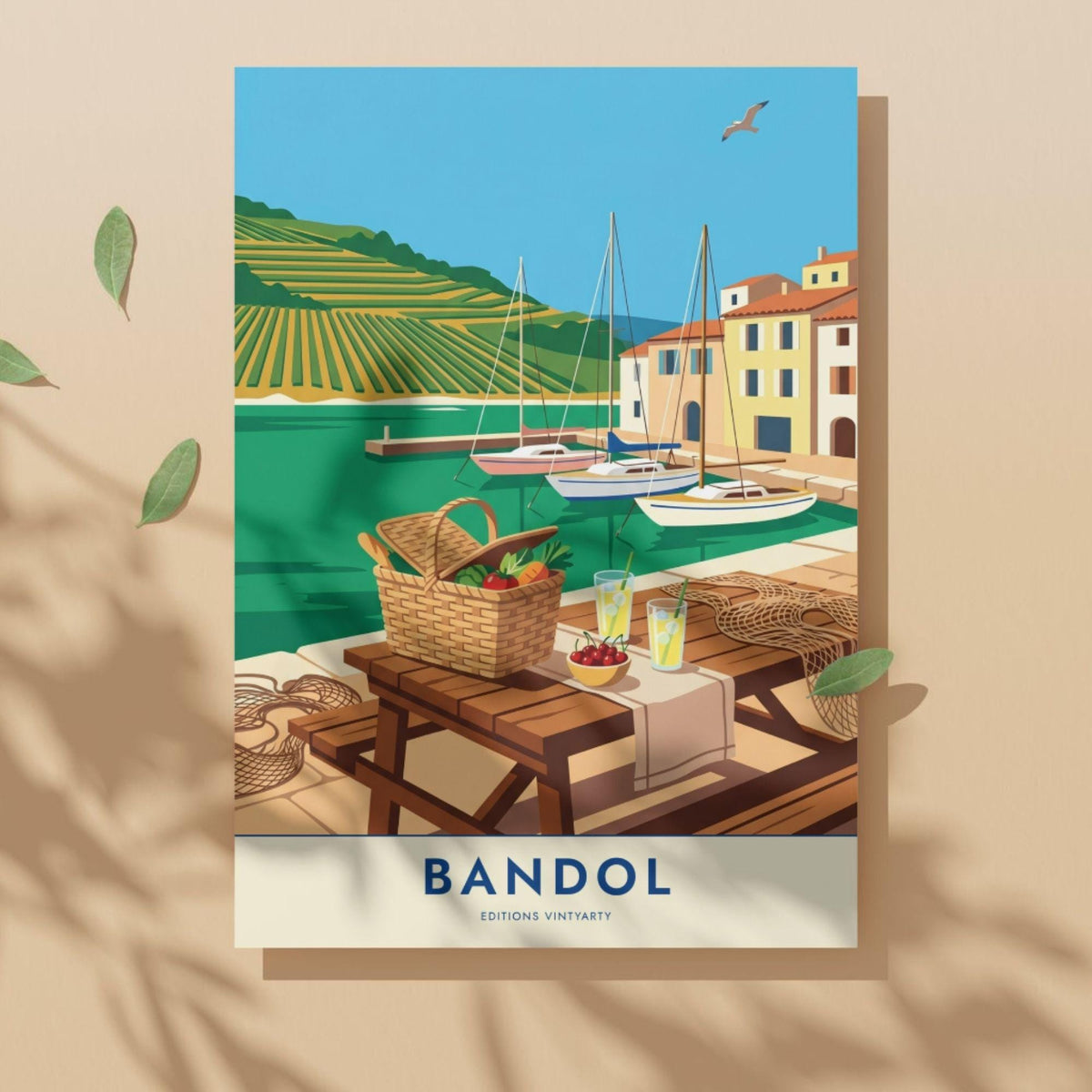 Affiche Bandol Provence, art mural port et vignobles, illustration voyage pique-nique bord de mer