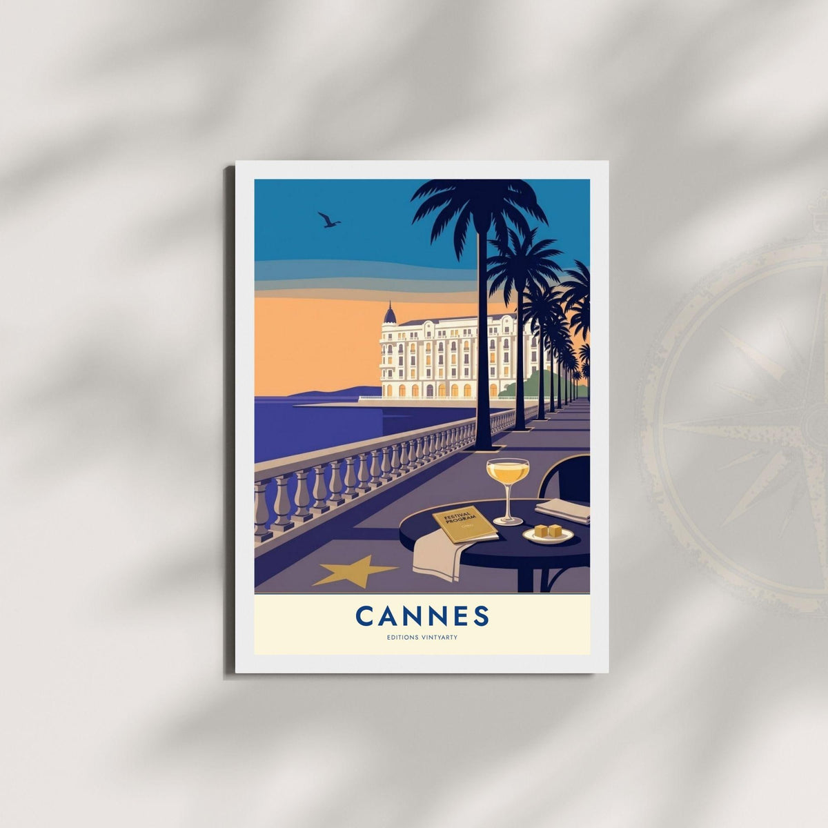 Affiche Cannes Croisette, art mural French Riviera, illustration festival coucher de soleil