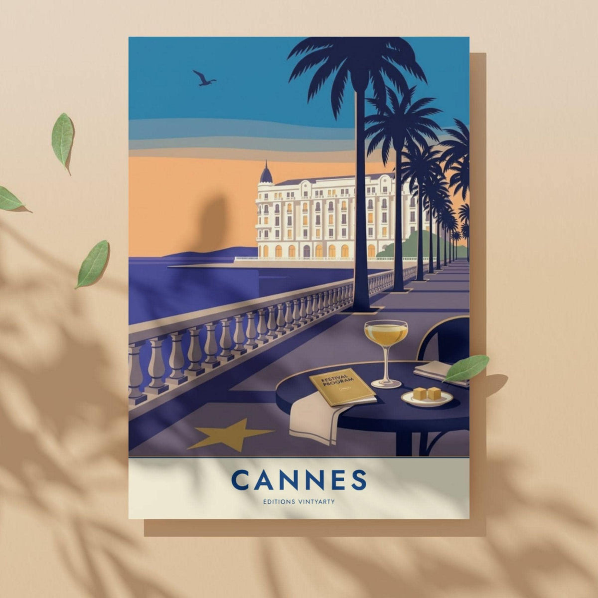 Affiche Cannes Croisette, art mural French Riviera, illustration festival coucher de soleil