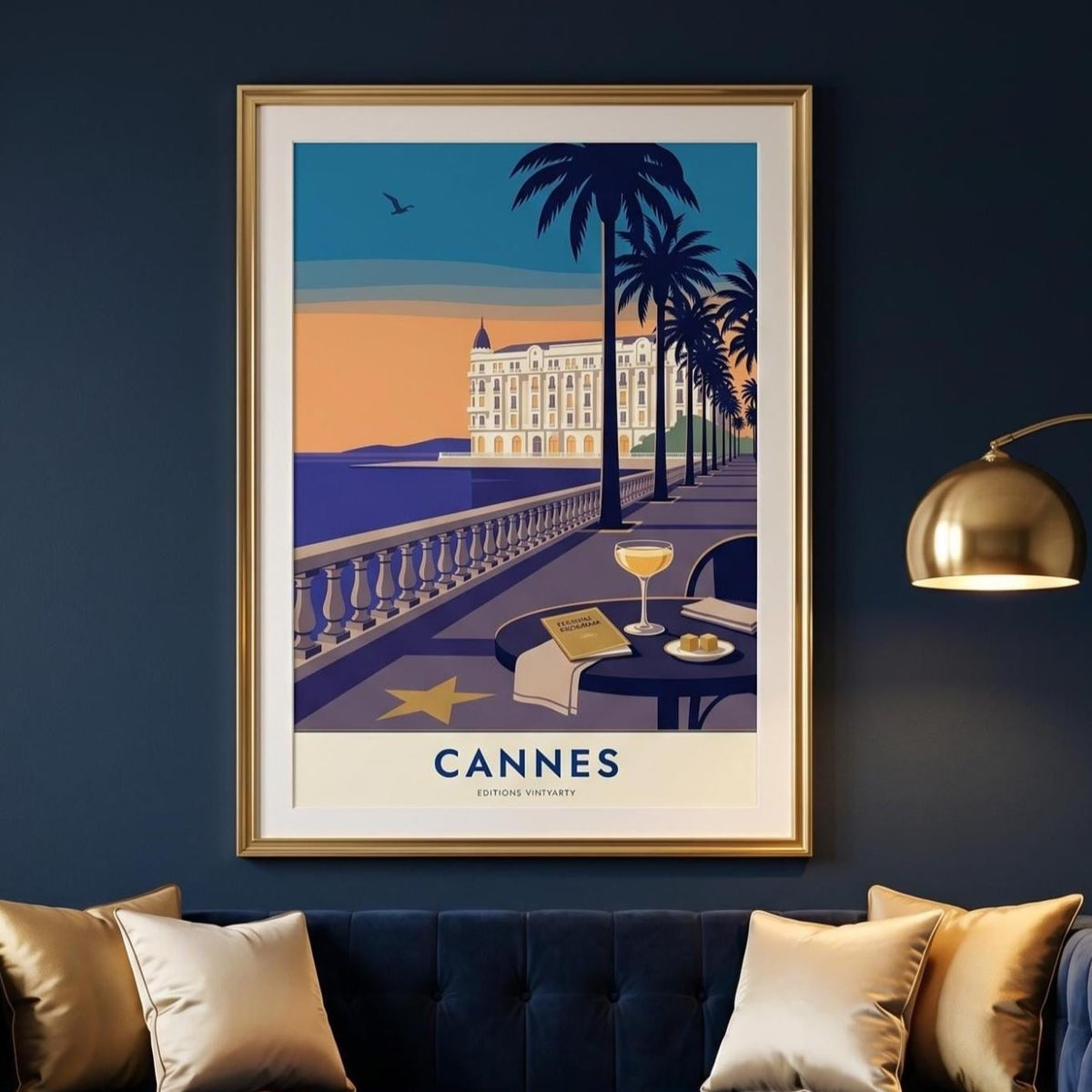 Affiche Cannes Croisette, art mural French Riviera, illustration festival coucher de soleil
