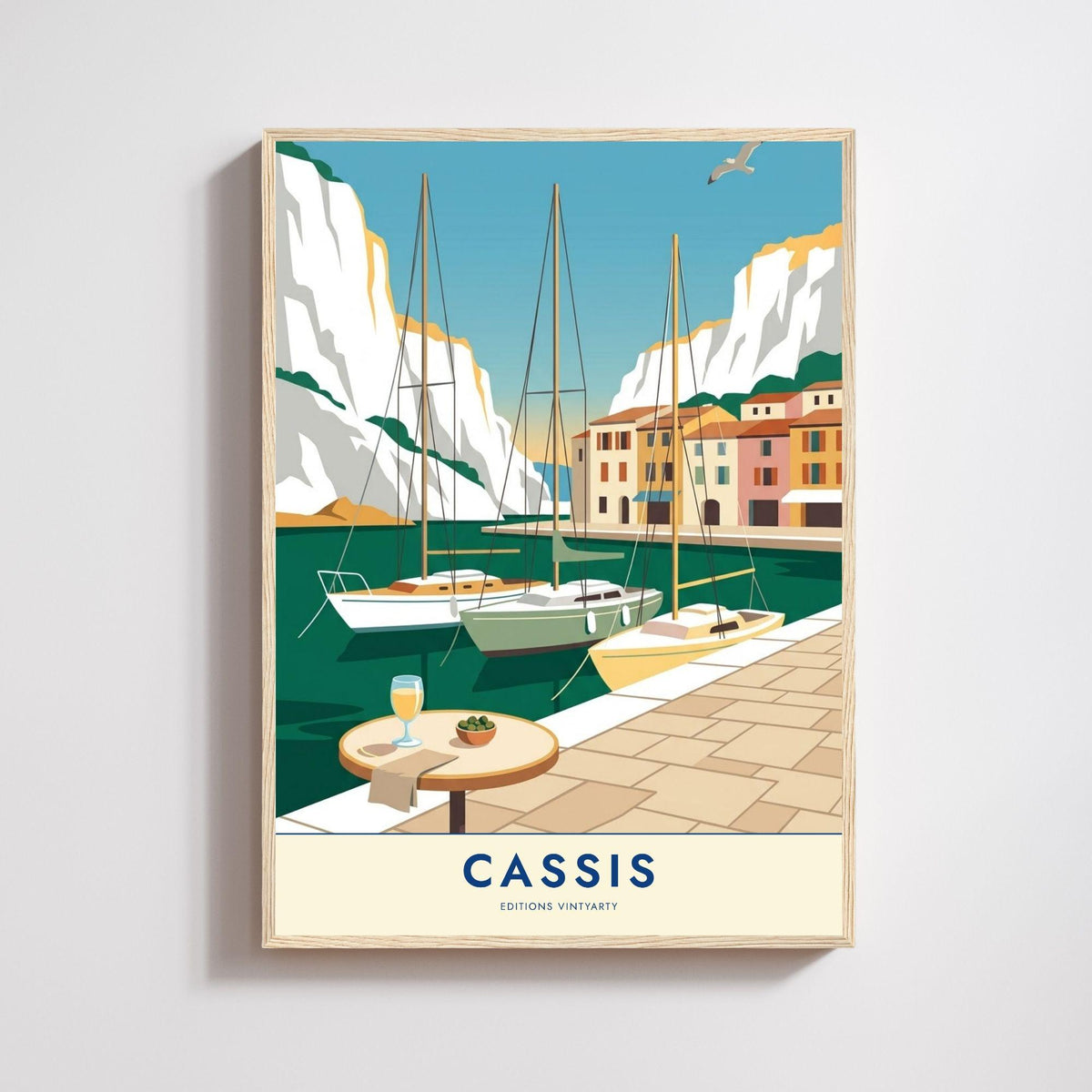 Affiche Cassis calanques, art mural Provence falaises blanches, illustration port pittoresque