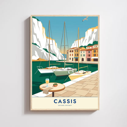 Affiche Cassis calanques, art mural Provence falaises blanches, illustration port pittoresque