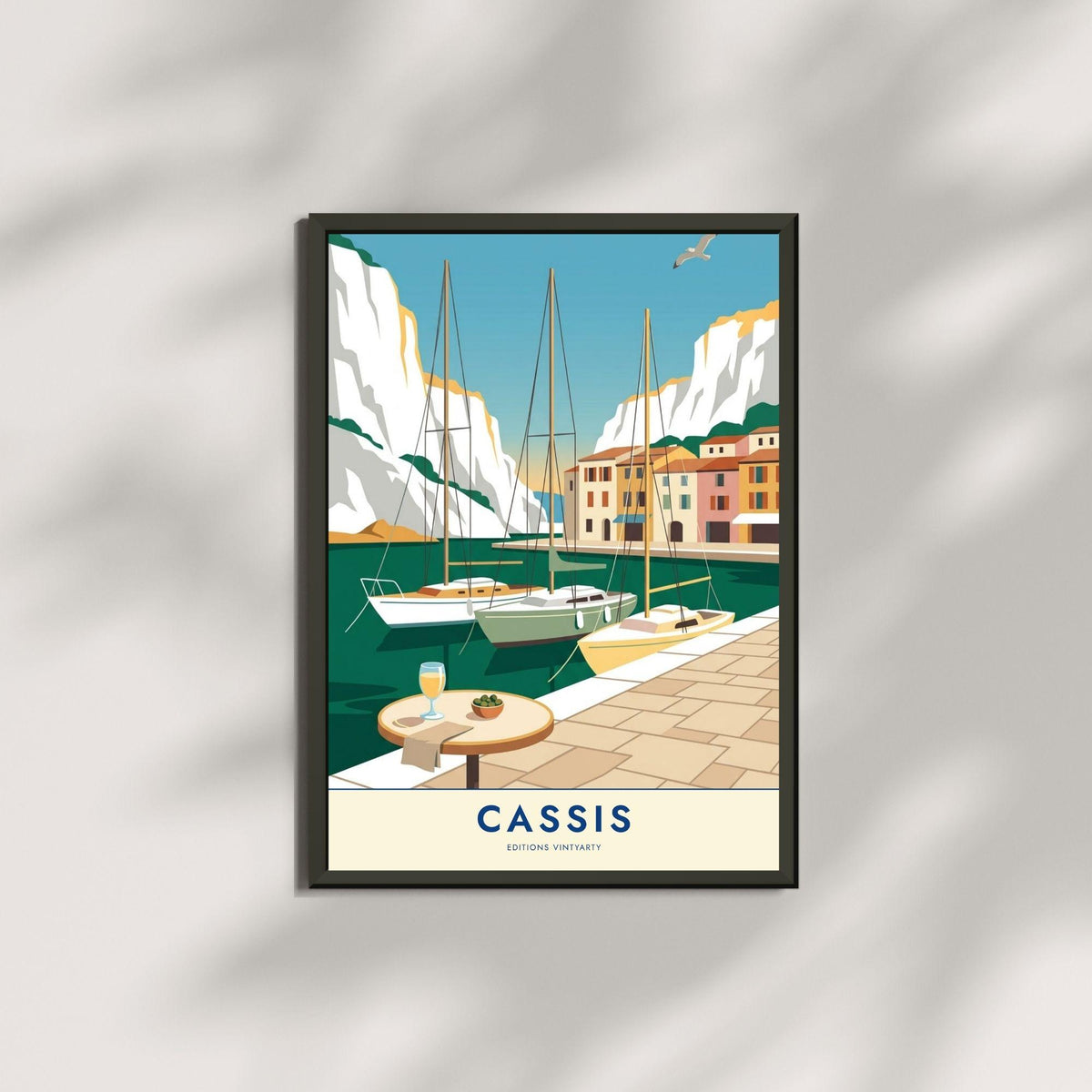 Affiche Cassis calanques, art mural Provence falaises blanches, illustration port pittoresque