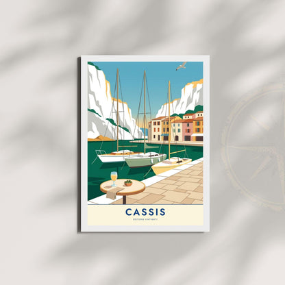 Affiche Cassis calanques, art mural Provence falaises blanches, illustration port pittoresque