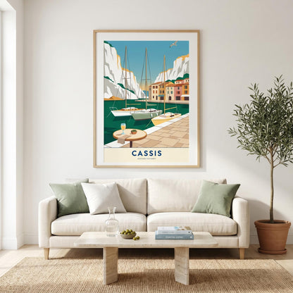 Affiche Cassis calanques, art mural Provence falaises blanches, illustration port pittoresque
