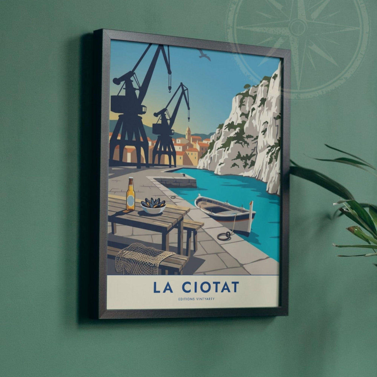 Affiche La Ciotat grues chantier naval, art mural Provence port historique, illustration Méditerranée