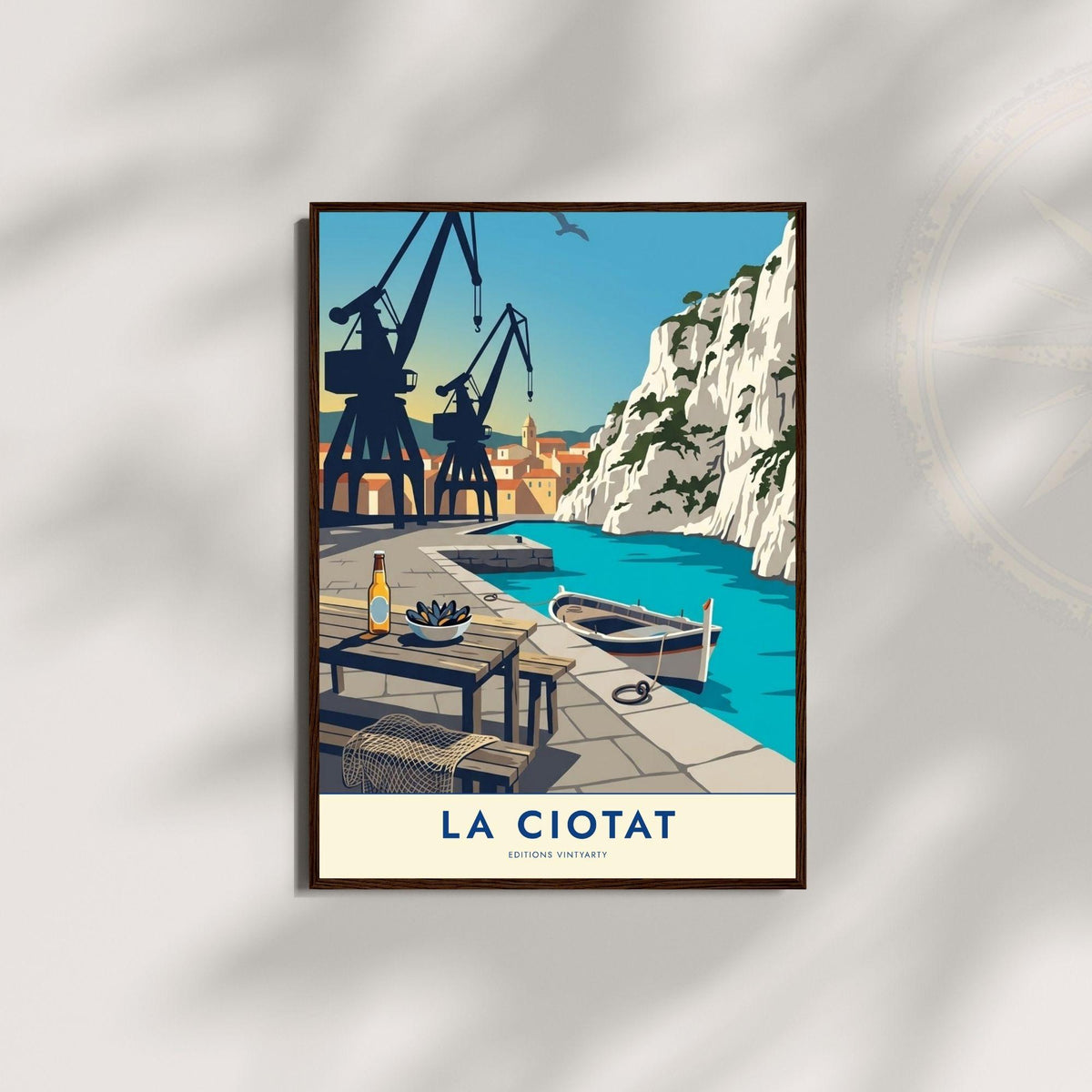Affiche La Ciotat grues chantier naval, art mural Provence port historique, illustration Méditerranée