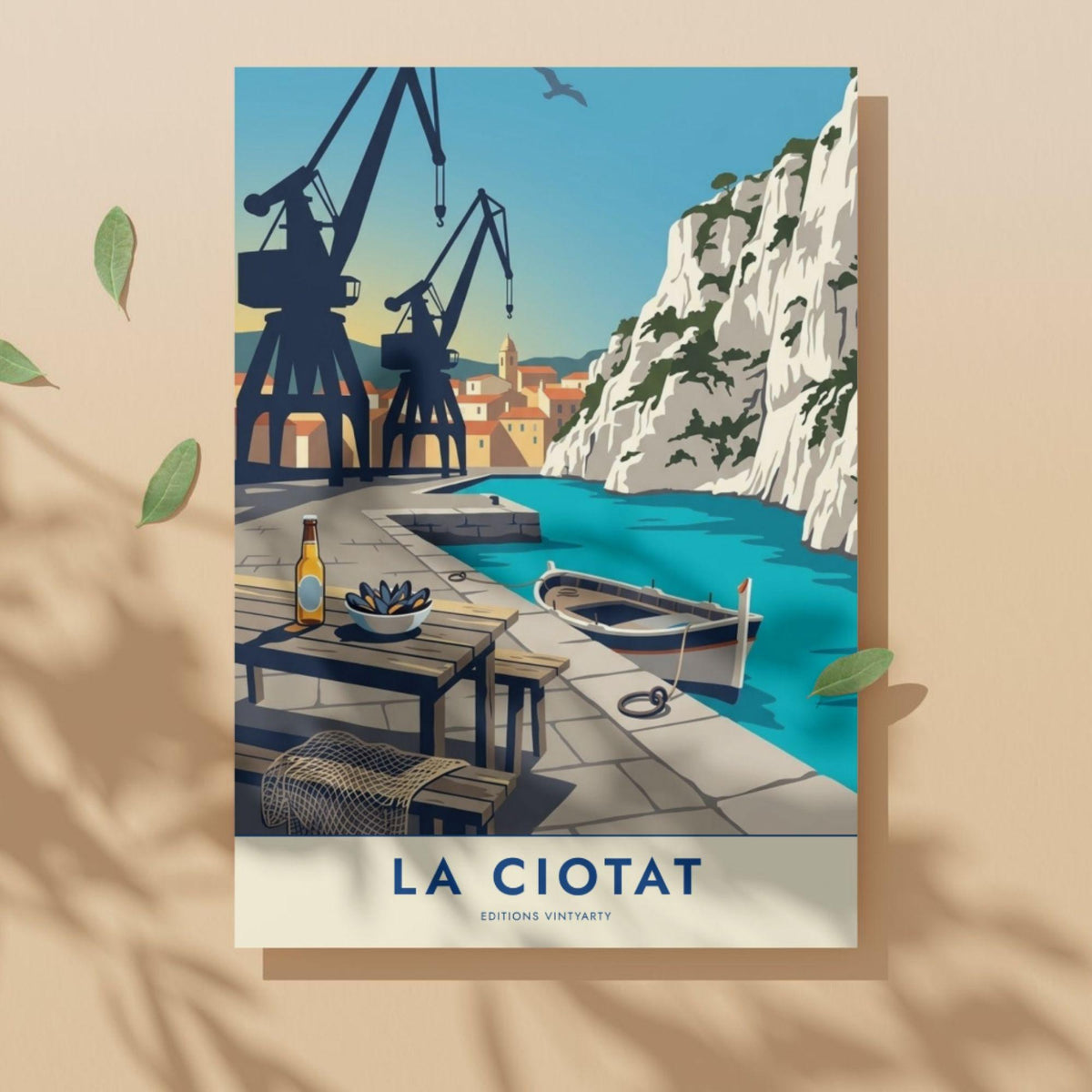 Affiche La Ciotat grues chantier naval, art mural Provence port historique, illustration Méditerranée