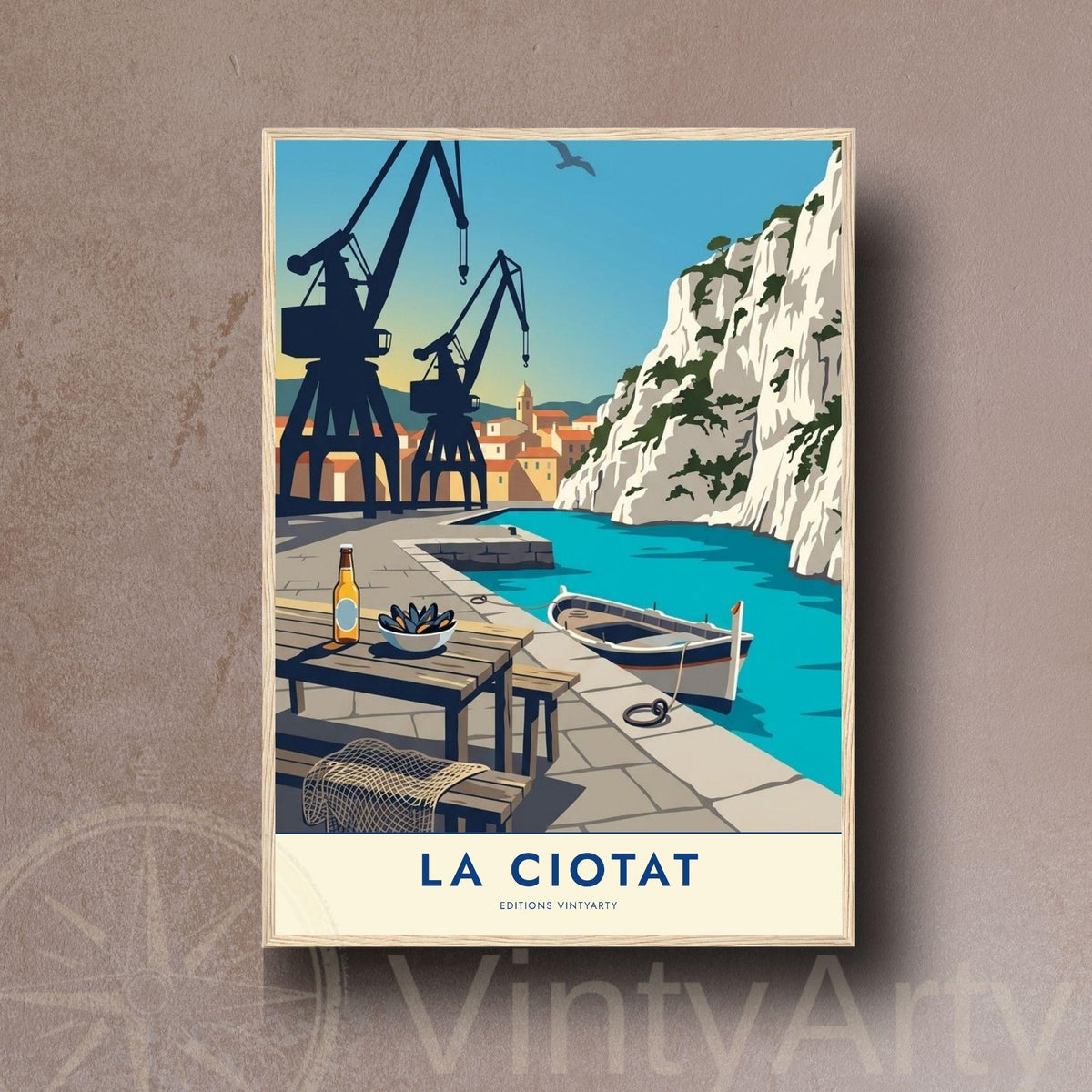 Affiche La Ciotat grues chantier naval, art mural Provence port historique, illustration Méditerranée