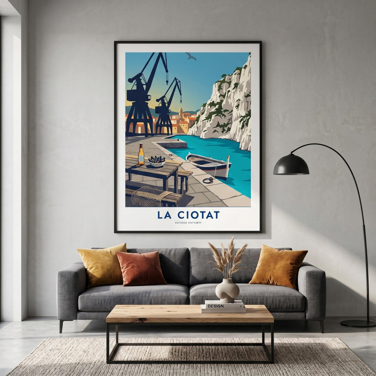 Affiche La Ciotat grues chantier naval, art mural Provence port historique, illustration Méditerranée