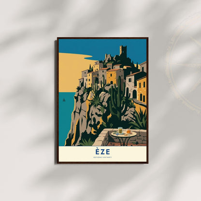 Affiche Èze village perché Côte d'Azur, poster voyage France, art mural décoration méditerranéenne