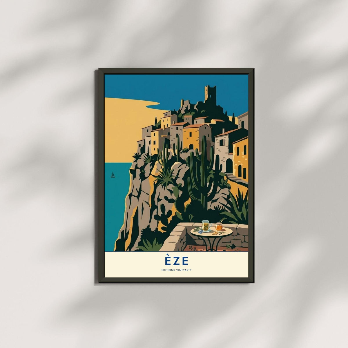 Affiche Èze village perché Côte d'Azur, poster voyage France, art mural décoration méditerranéenne