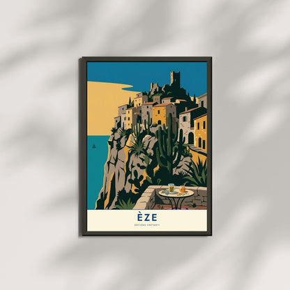 Affiche Èze village perché Côte d'Azur, poster voyage France, art mural décoration méditerranéenne