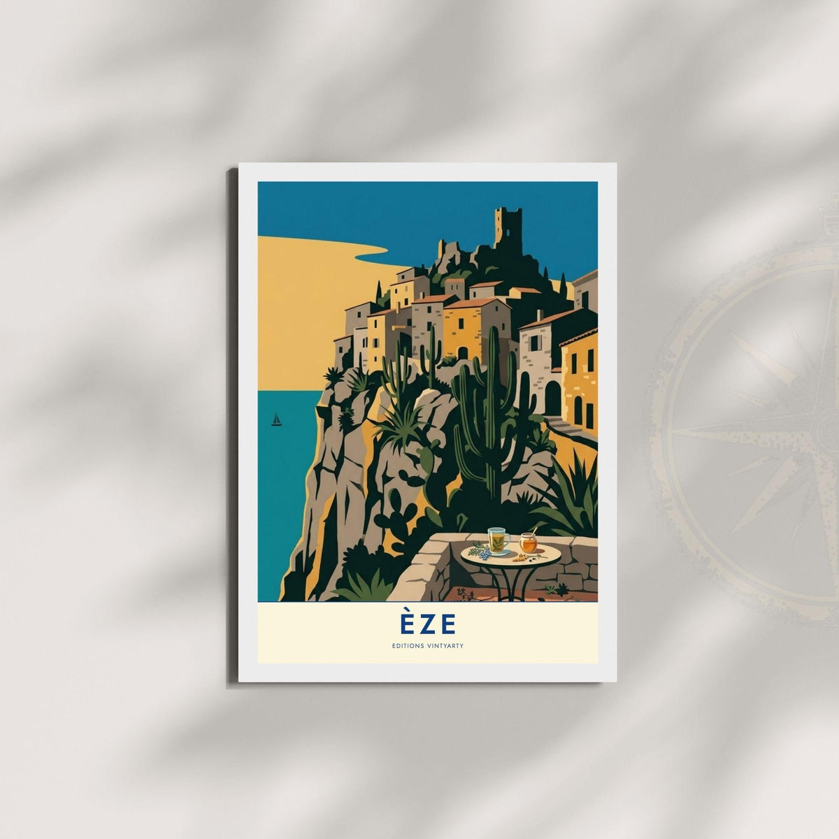 Affiche Èze village perché Côte d'Azur, poster voyage France, art mural décoration méditerranéenne