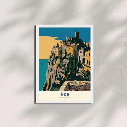 Affiche Èze village perché Côte d'Azur, poster voyage France, art mural décoration méditerranéenne