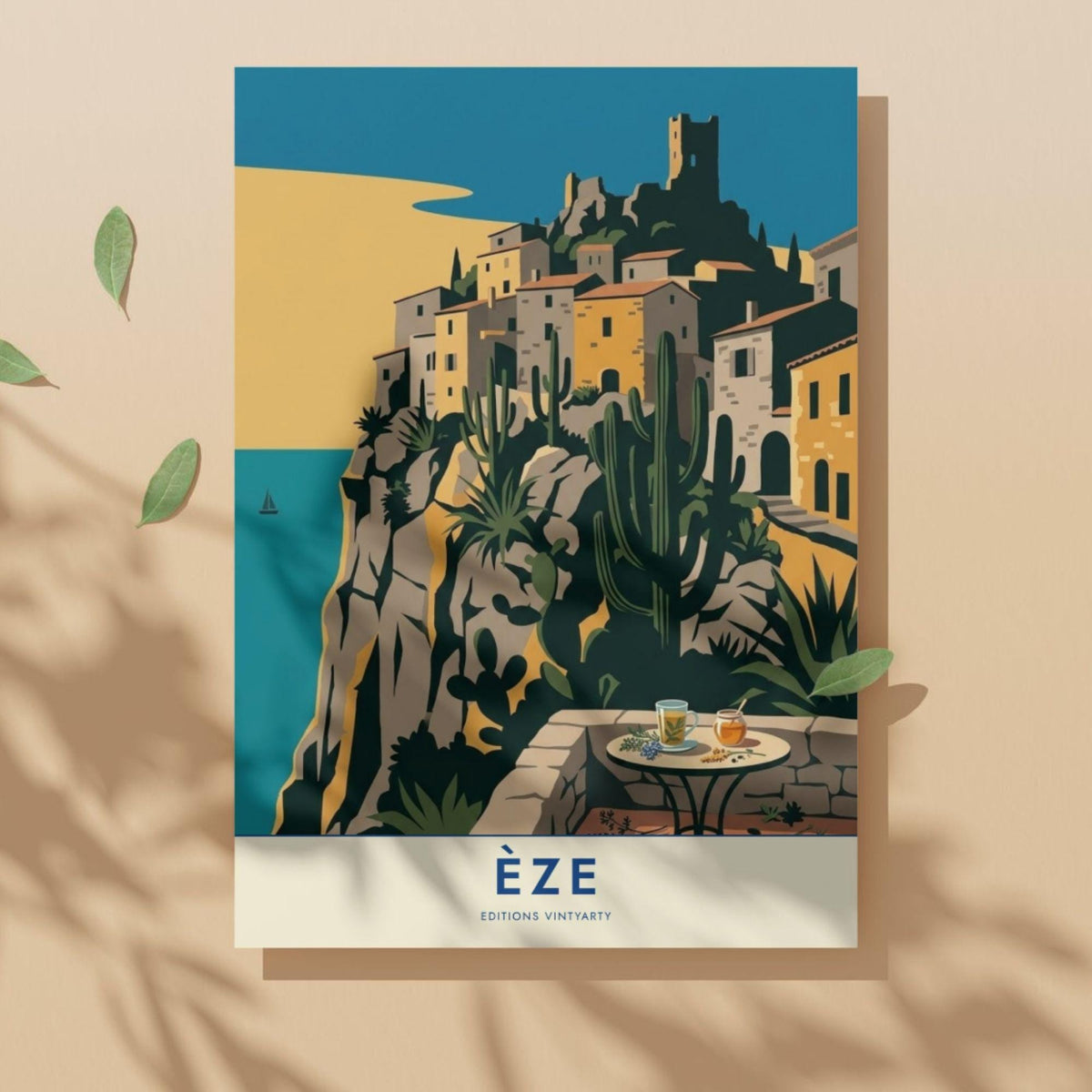 Affiche Èze village perché Côte d'Azur, poster voyage France, art mural décoration méditerranéenne