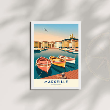 Affiche Marseille Vieux Port, poster voyage Provence, art mural décoration bord de mer