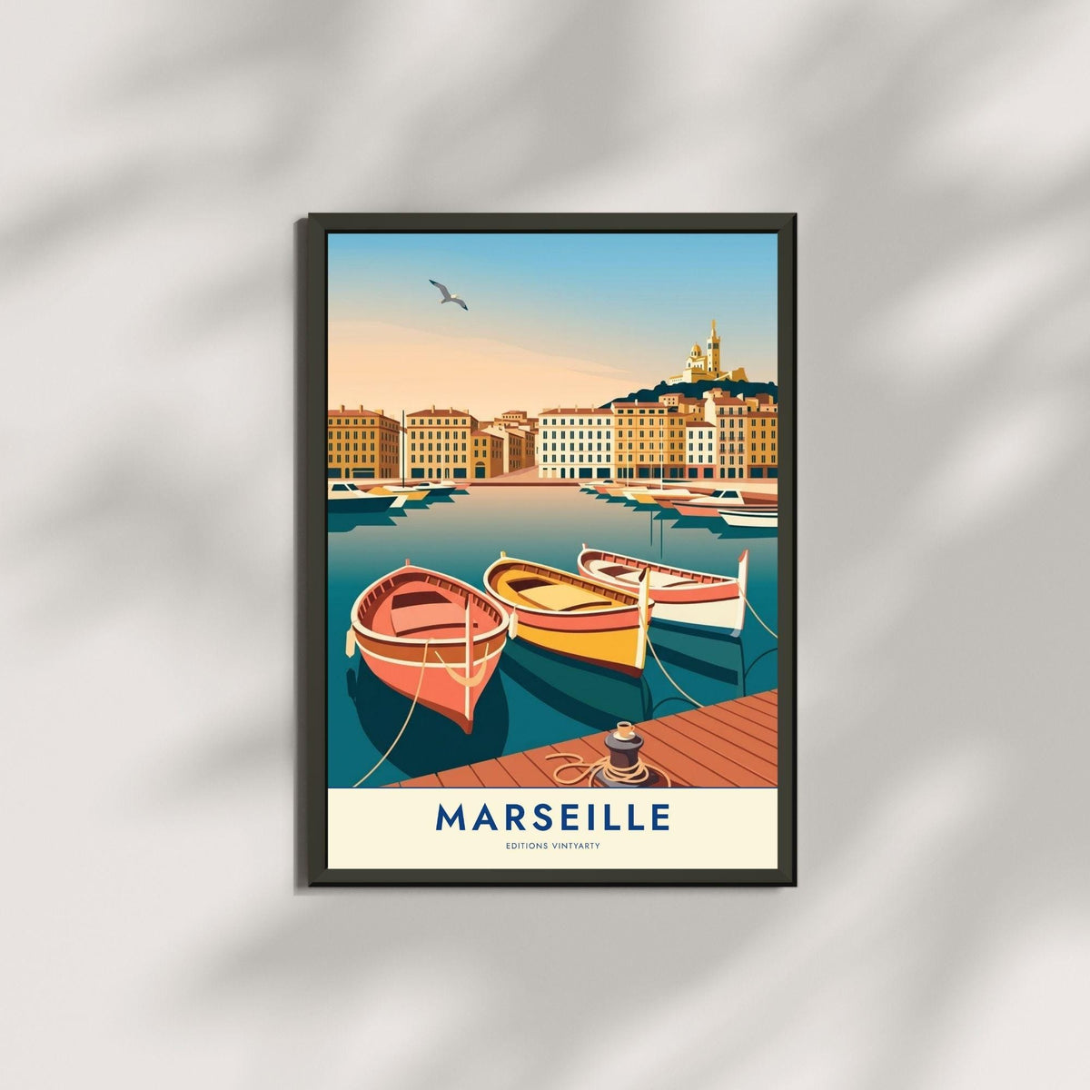 Affiche Marseille Vieux Port, poster voyage Provence, art mural décoration bord de mer