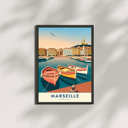 Affiche Marseille Vieux Port, poster voyage Provence, art mural décoration bord de mer