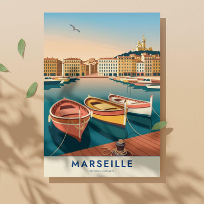 Affiche Marseille Vieux Port, poster voyage Provence, art mural décoration bord de mer