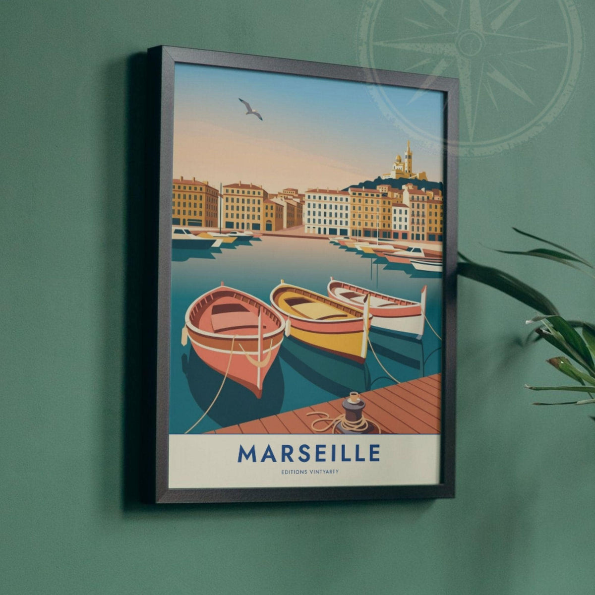 Affiche Marseille Vieux Port, poster voyage Provence, art mural décoration bord de mer