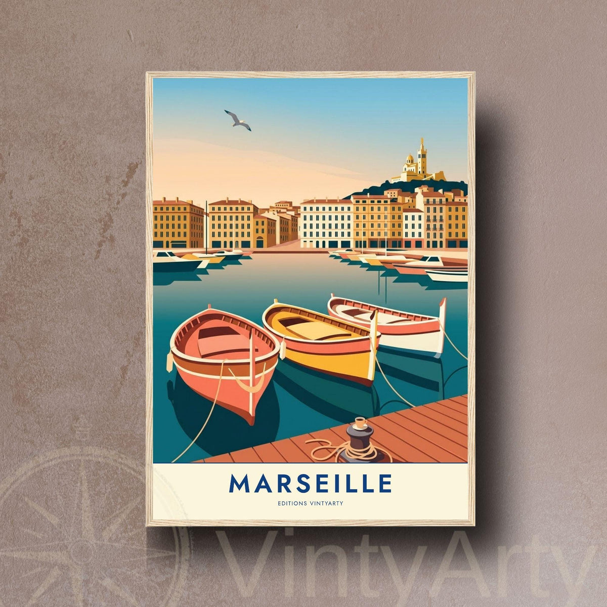 Affiche Marseille Vieux Port, poster voyage Provence, art mural décoration bord de mer