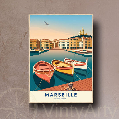 Affiche Marseille Vieux Port, poster voyage Provence, art mural décoration bord de mer