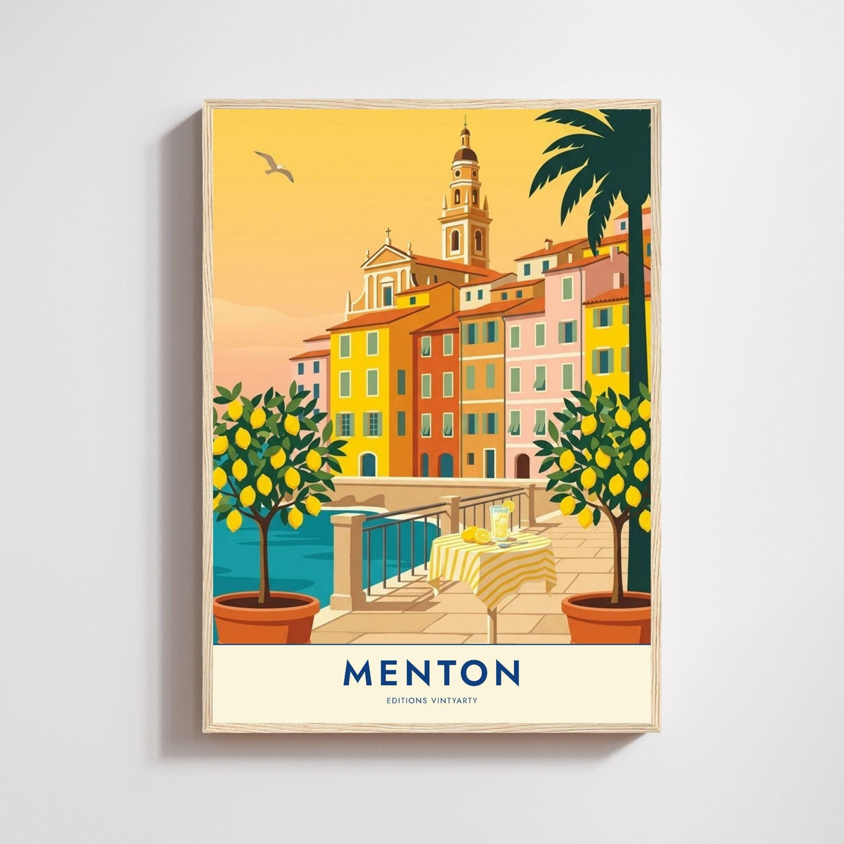Affiche Menton citronniers Côte d'Azur, poster voyage France, art mural décoration méditerranéenne