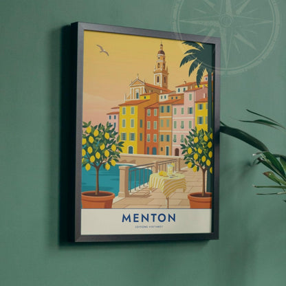 Affiche Menton citronniers Côte d'Azur, poster voyage France, art mural décoration méditerranéenne