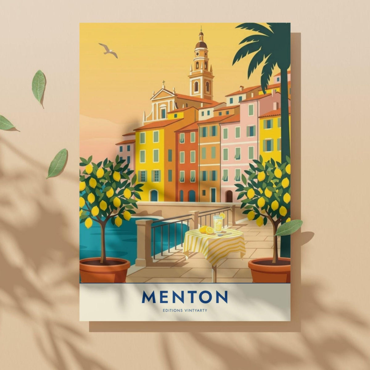 Affiche Menton citronniers Côte d'Azur, poster voyage France, art mural décoration méditerranéenne