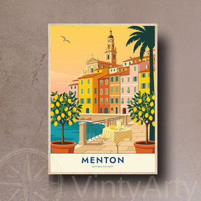 Affiche Menton citronniers Côte d'Azur, poster voyage France, art mural décoration méditerranéenne