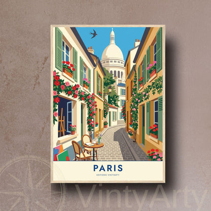 Affiche ruelle Montmartre fleurie, poster Paris terrasse de café, art mural voyage France